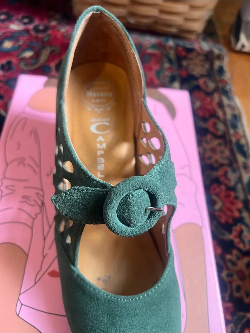 Jeffrey Campbell Dark Green Suede “Torch” Mary Jane Wedges